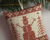 Cross Stitched Folk Art Christmas Redwork Folkart Linen Ornament - Snowman