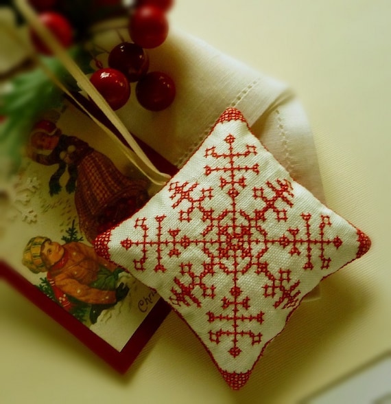 Embroidered Redwork Snowflake Nordic Christmas Folkart Ornament