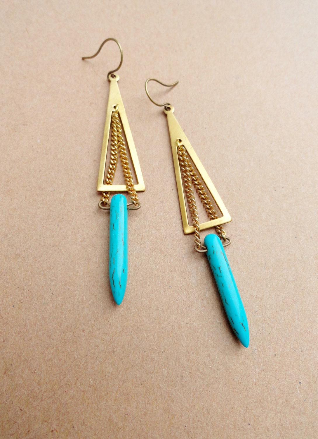 30% OFF COUPON SALE - Double Dynamos - Brass Double Triangle and Howlite Dagger Earrings