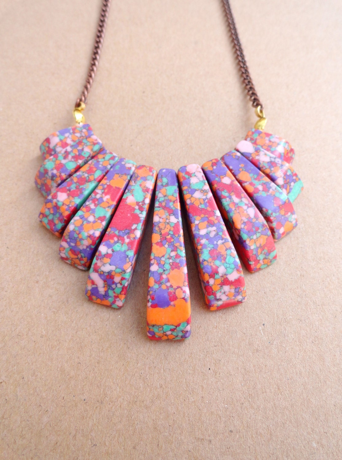 Confetti Cake - Stone Bib Necklace With Antiqued Copper Chain