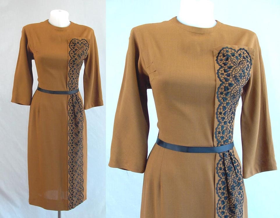50s Dress Vintage Cocktail Day Party Avantgarde Wiggle Black Asymmetrical Embroider Brown Spice 1950s Dresses