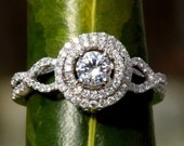 Diamond Engagement Ring -14K white gold -  chunky - 1.10 carat Round - Double Halo - Pave - Antique Style - Weddings- Luxury- Brides - bp007
