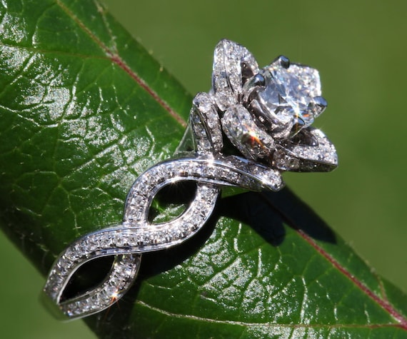 LOVE IN BLOOM - Flower Lotus Rose Diamond Engagement or Right Hand Semi mount Ring Setting - 14k white, yellow or rose gold -fL03