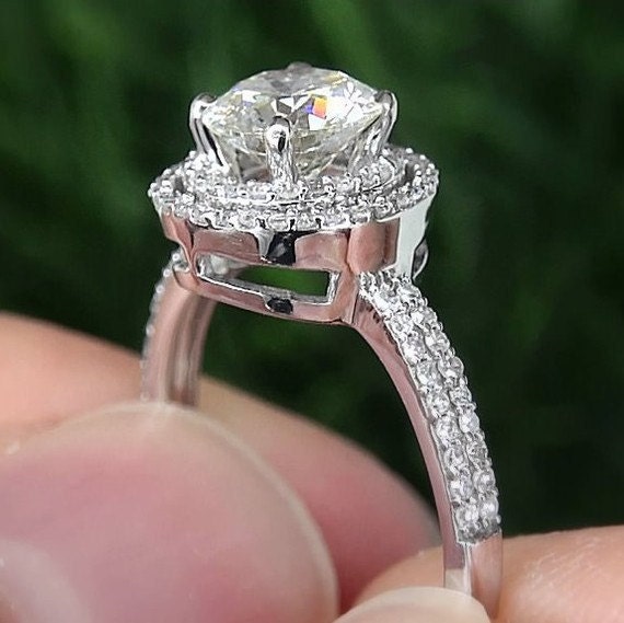 Diamond Engagement Ring Semi mount setting -14K white gold - .50 carat Round - Double Halo - Pave - Antique Style - Weddings- Luxury - Bp019