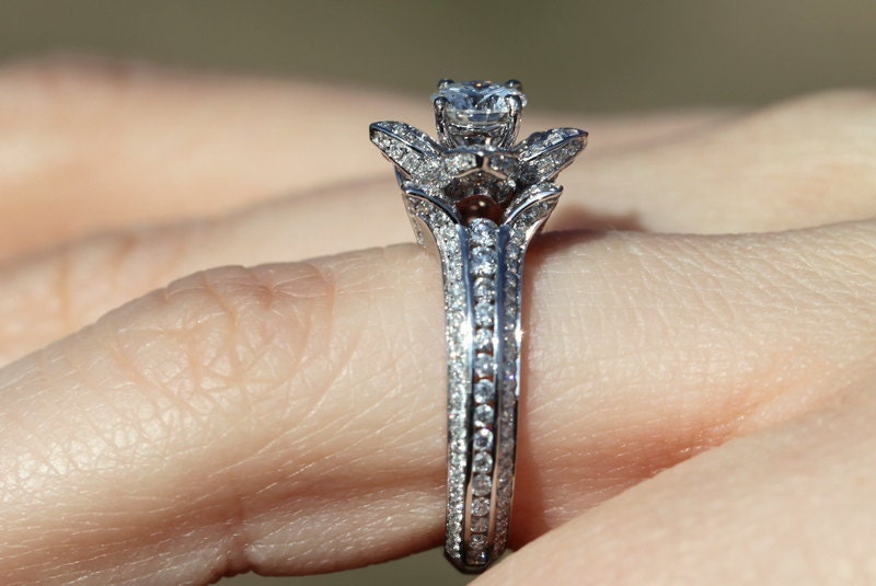 UNIQUE Flower Rose Diamond Engagement or Right Hand Ring - 2.25 carat - 14K white gold - wedding - brides - fL01