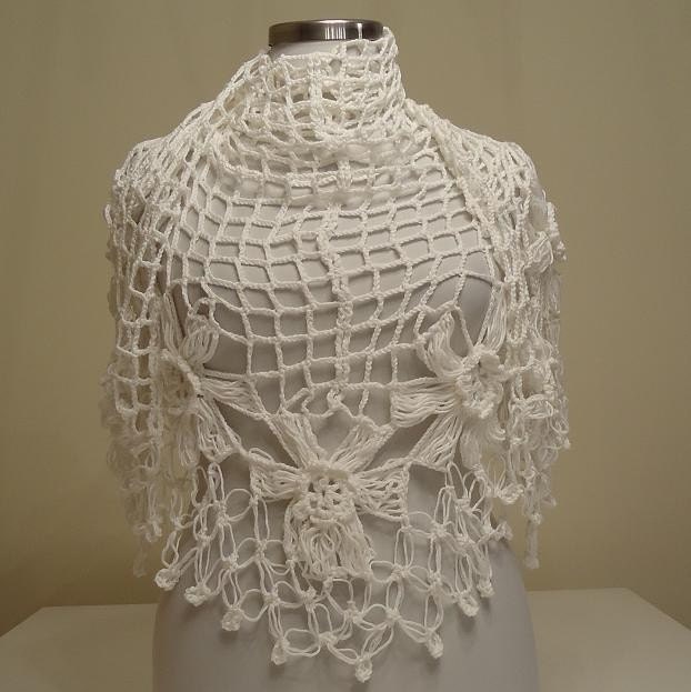 SUPER SALE White Flower Organic Cotton Triangle Shawl