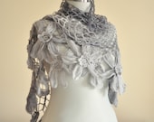 SUPER SALE Grey Flower Mohair Triangle Shawl