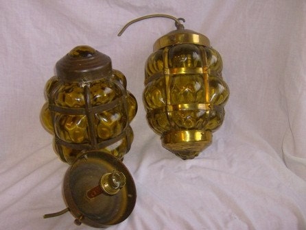 Pair of Amber Blown Glass Caged in Metal Light Globes Fixtures Vintage