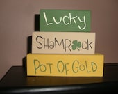 Luck Shamrock Pot of Gold, Hand Painted Wood Blocks, Home Decor, St. Patricks Day, Green, Shamrock