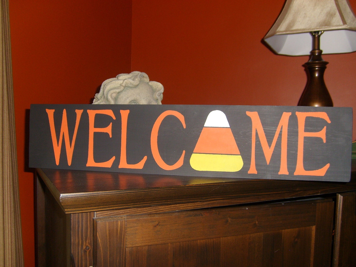 Primitive Welcome Candy Corn Wood Sign for Halloween, Fall Holiday, Thanksgiving, Home Decor Shelf Sitter