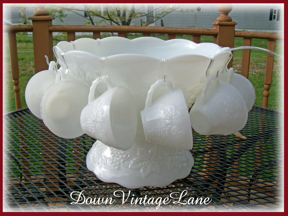 PUNCH BOWL Milk Glass Vintage Grape Pattern by DownVintageLane
