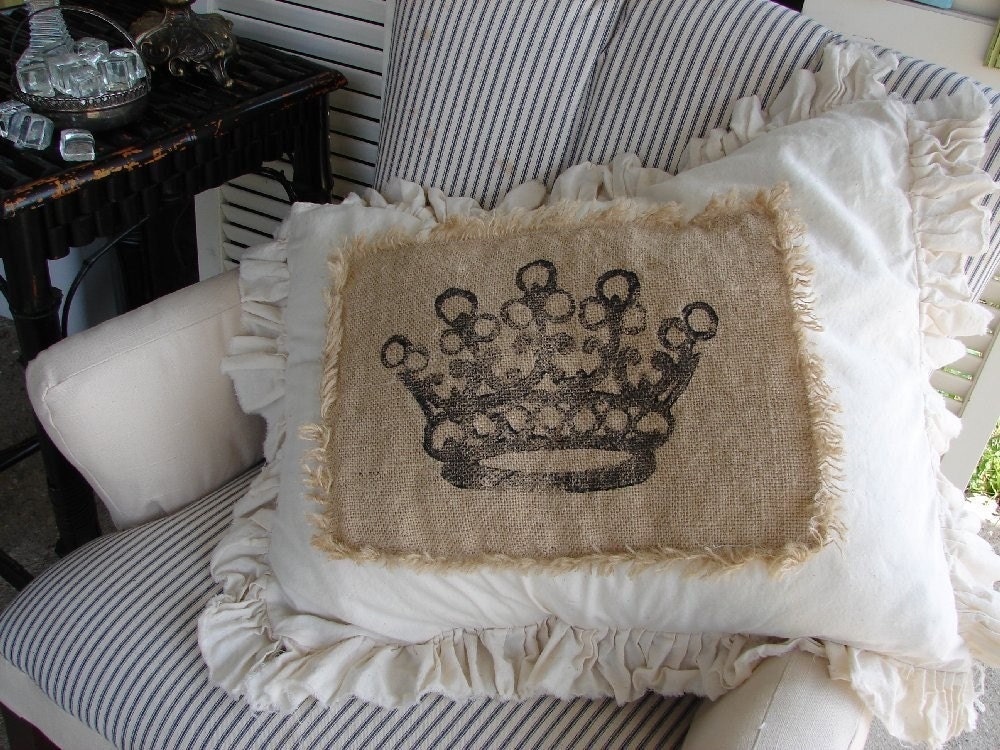 Burlap and Muslin Pillow Sham w/ Elegant Crown design