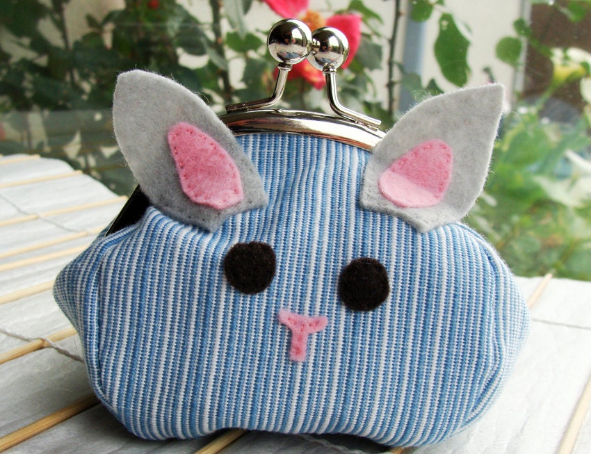 Bunny Kisslock Frame Purse - Blue and White Stripes (Upcycled Materials)