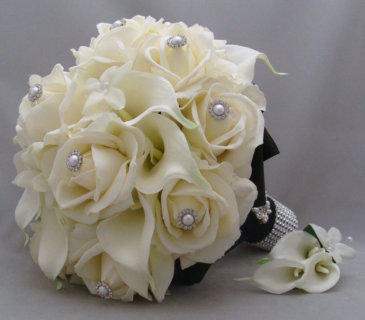 Real Touch Bridal Bouquet Stephanotis Roses Calla Lilies in Black and White & Groom's Boutonniere - Customize for Your Colors