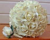 Silk Flower Bridal Bouquet Real Touch Roses & Rhinestones in Ivory Silk Flower Real Touch Rose Groom's Boutonniere