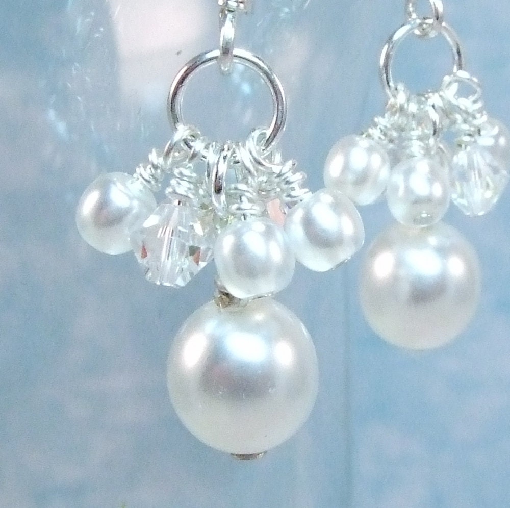 All White Cluster Earrings, White Dangle Earrings, Bridal Earrings