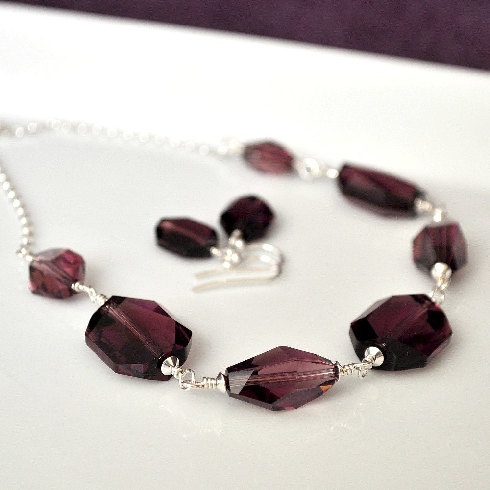 Bridesmaid Jewelry Sets, Purple Jewellery Set. Chunky Crystal Earrings Necklace SET. Sterling Silver Amethyst Bridesmaid Jewellery