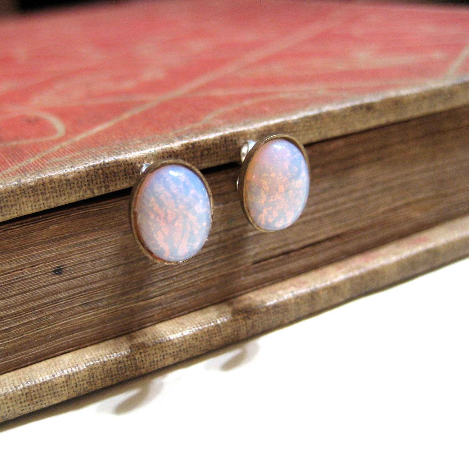 Vintage Pink Harlequin Opal Post Earrings - WWII Era - Silver Plated Posts - Antique Brass Setting - Stud Earrings