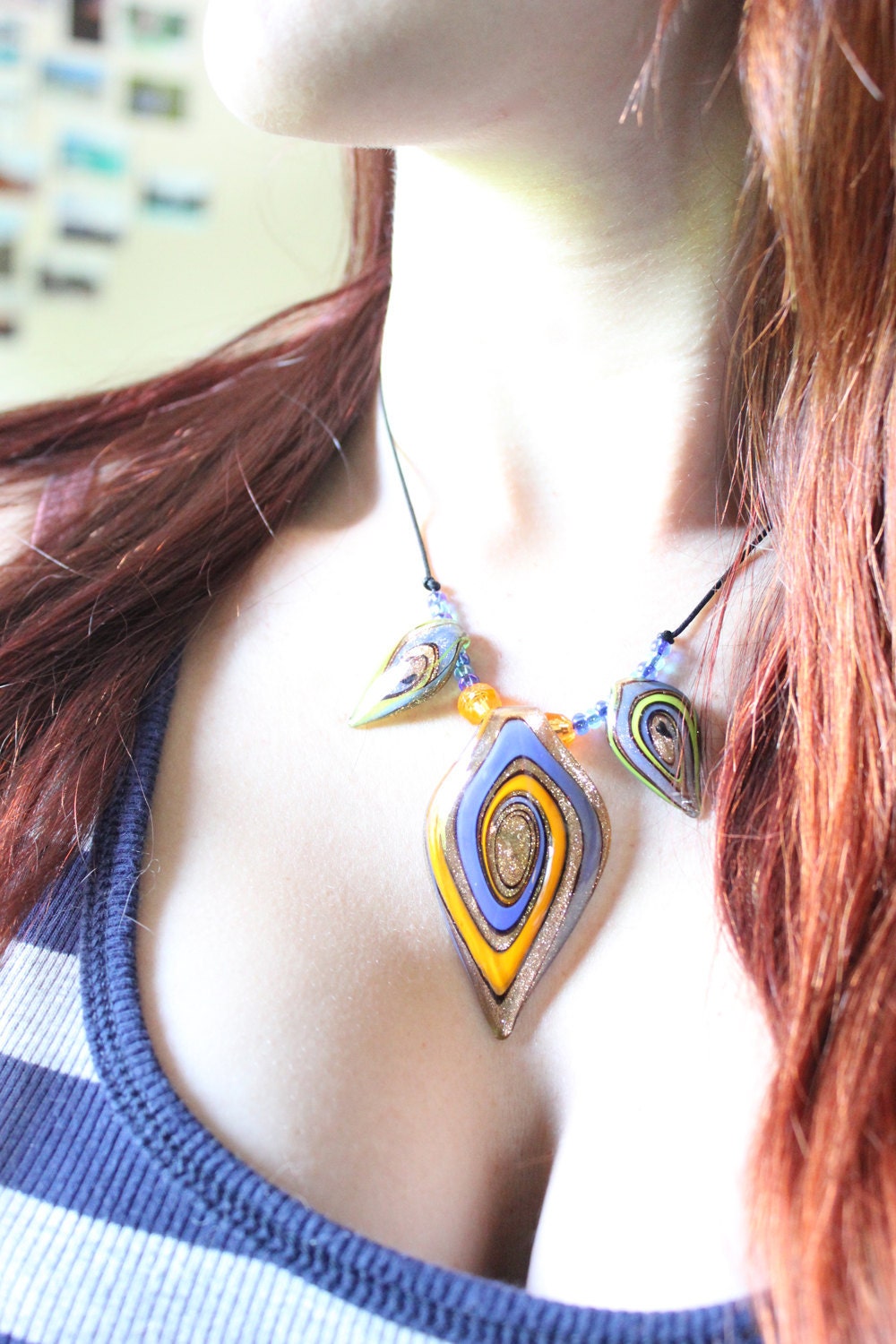 Orange, Yellow and Blue Murano Glass Pendant Necklace
