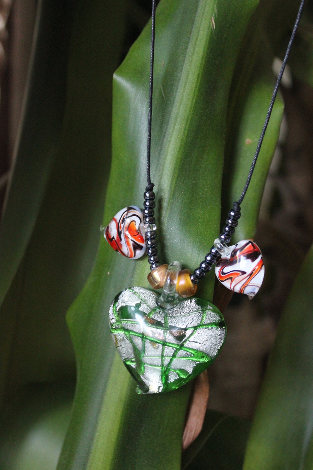 Green and Orange Hearts Murano Glass Pendant Necklace