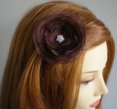 ON SALE Chocolate Organza and Rhinestone Flower Hair Clip/Brooches