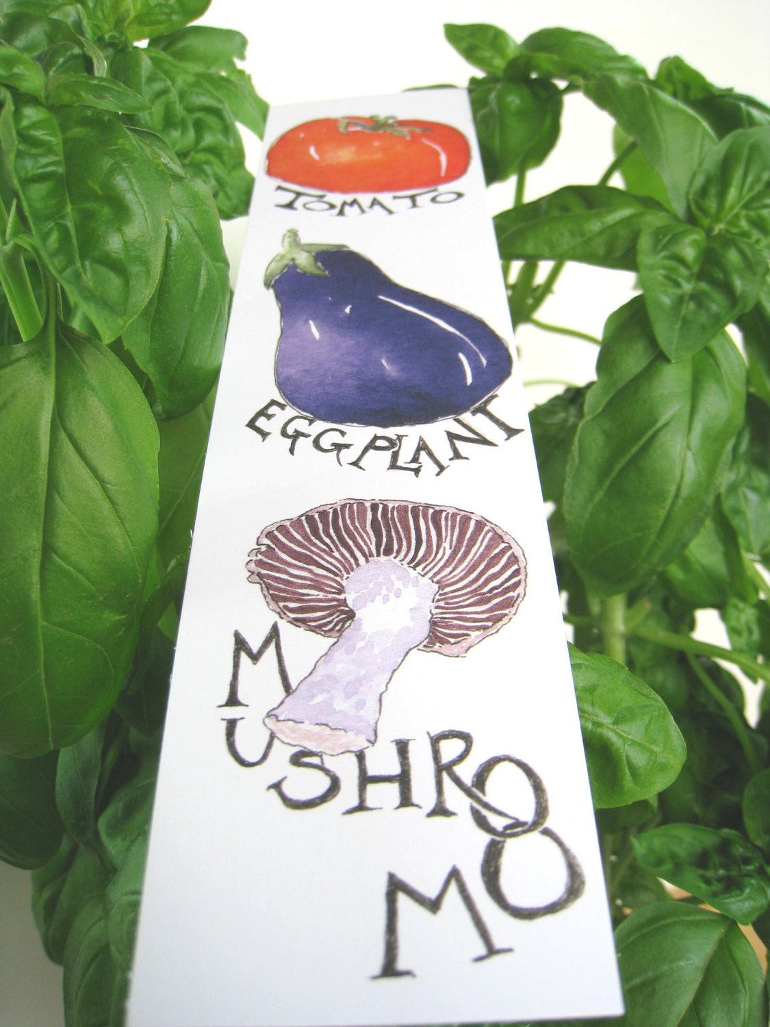 Tomato-Eggplant-Mushroom, Bookmark, gardening quote on the back, silky smooth cardstock