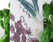 Three Leeks and Olives Postcards, gardening quotation on back, 4 in x 6 in, silky smooth cardstock