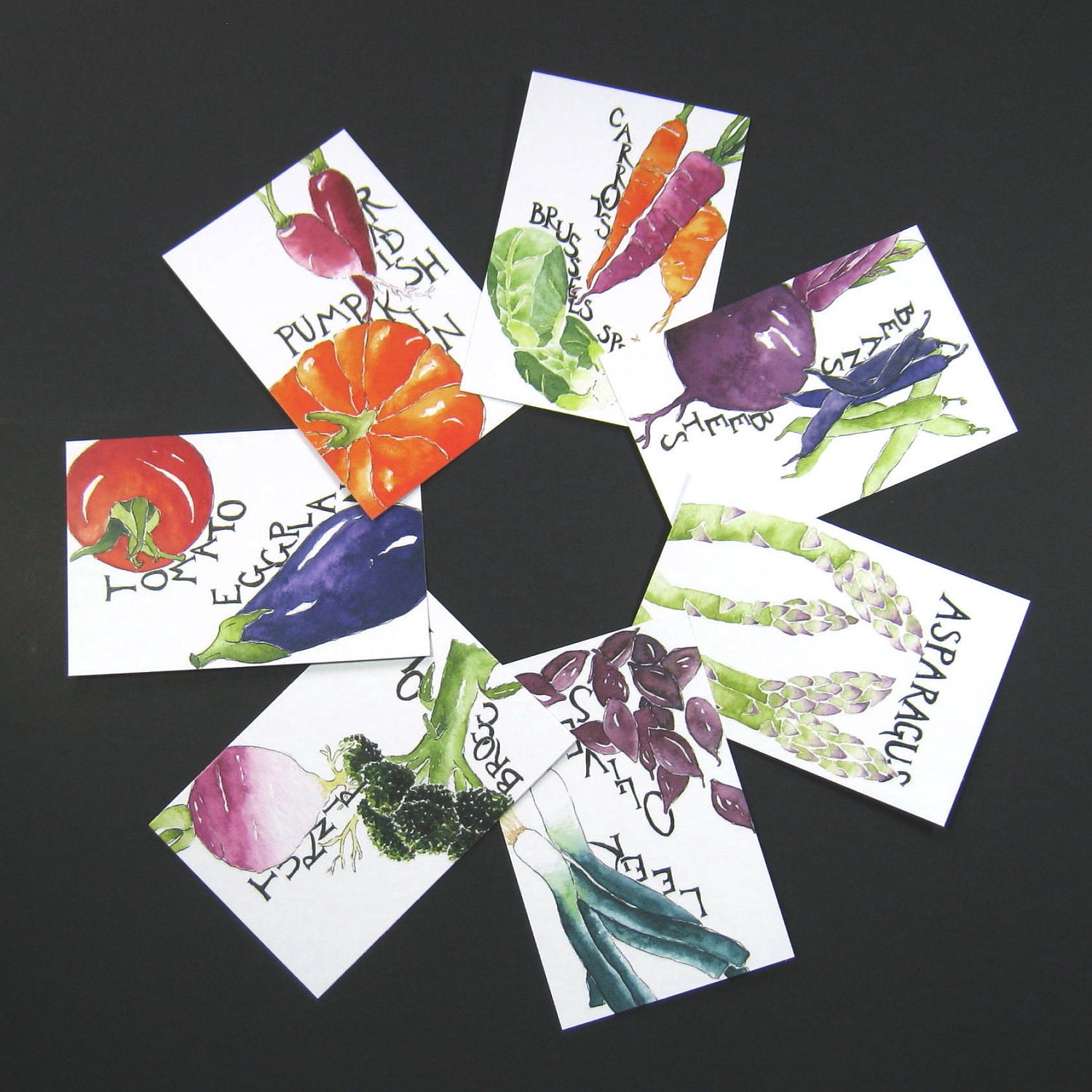 Seven Vegetable Portrait Postcards, gardening quotations on back, 4 in x 6 in, silky smooth