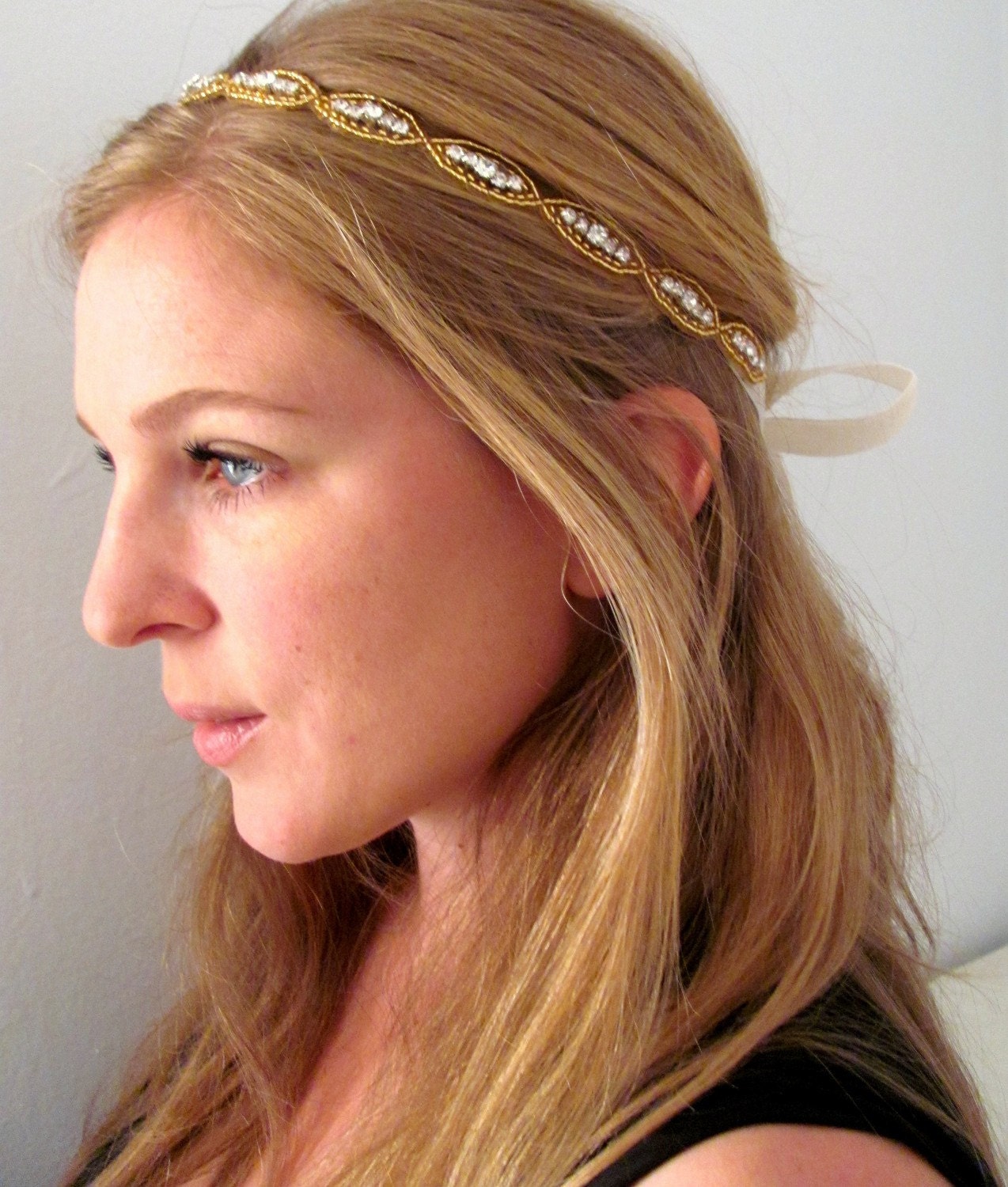 The Natalie II - Silver Rhinestone and Gold Beaded Tie Headband or Halo