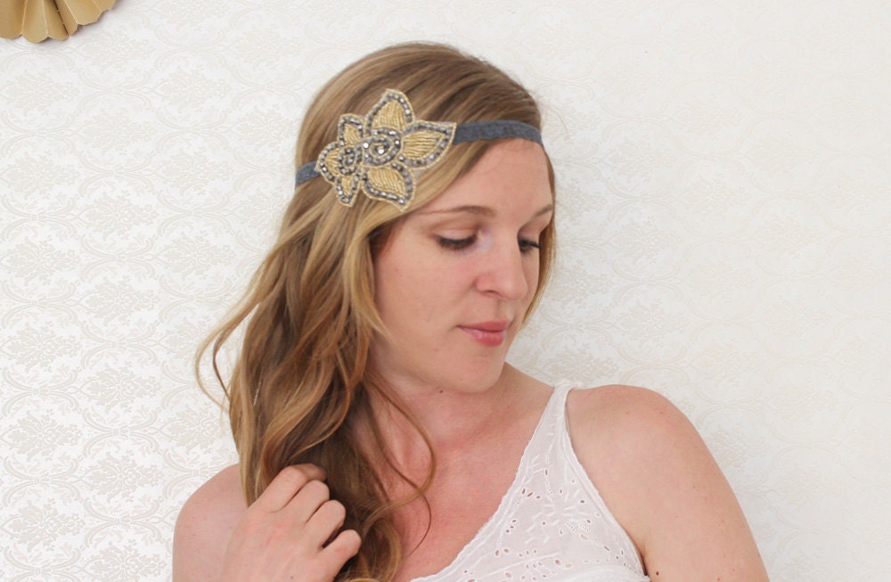The Lucille - Large Champagne and Silver Flower Headband