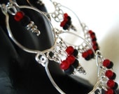 Tiered red and silver chandelier earrings