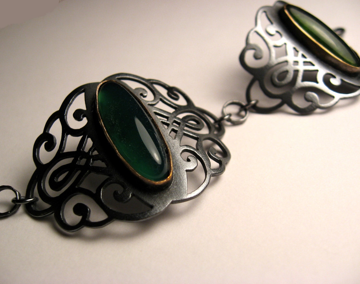 Victorian bracelet in copper and sterling with green and moss agate and distressed patina