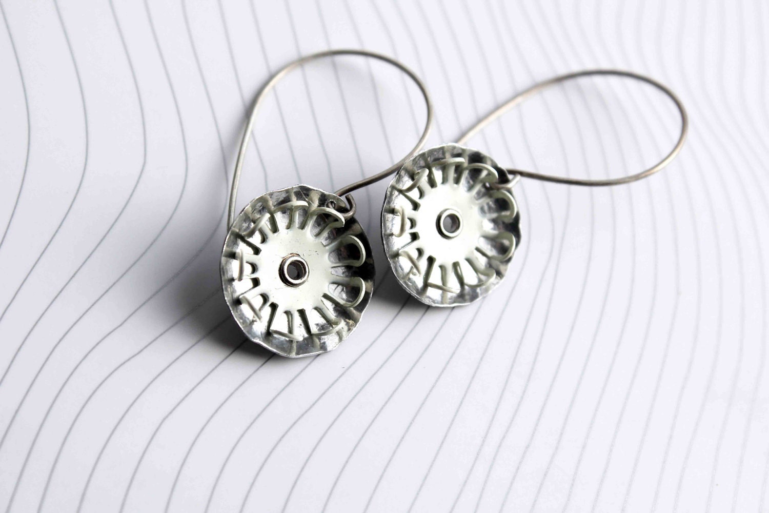 Industrial flower earrings enamel off white flower on upcycled aluminum