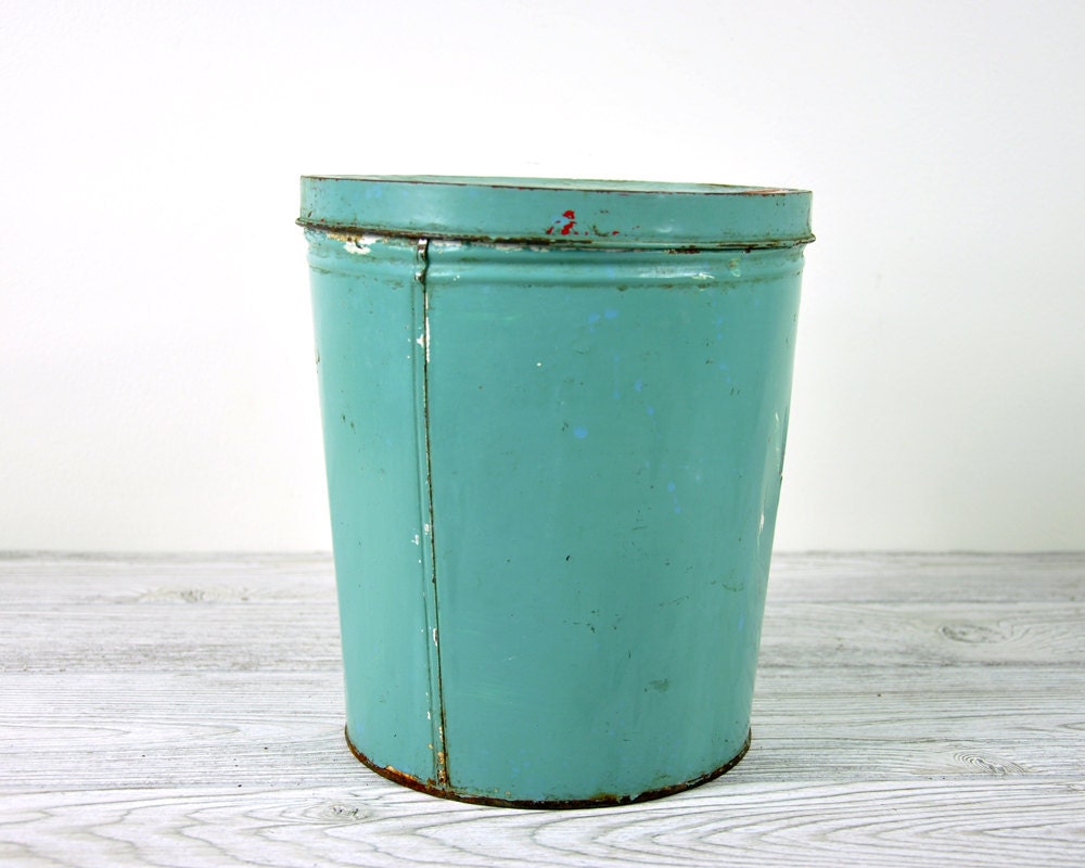 Vintage Storage Tin / Turquoise Tin Box / Industrial Storage