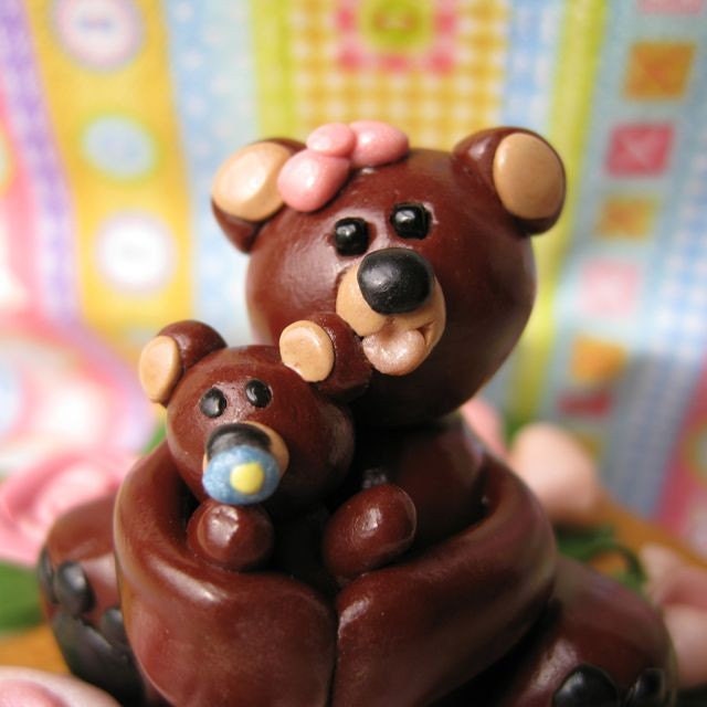 Momma and Baby Bear with Pink Roses Polymer Clay Figurine
