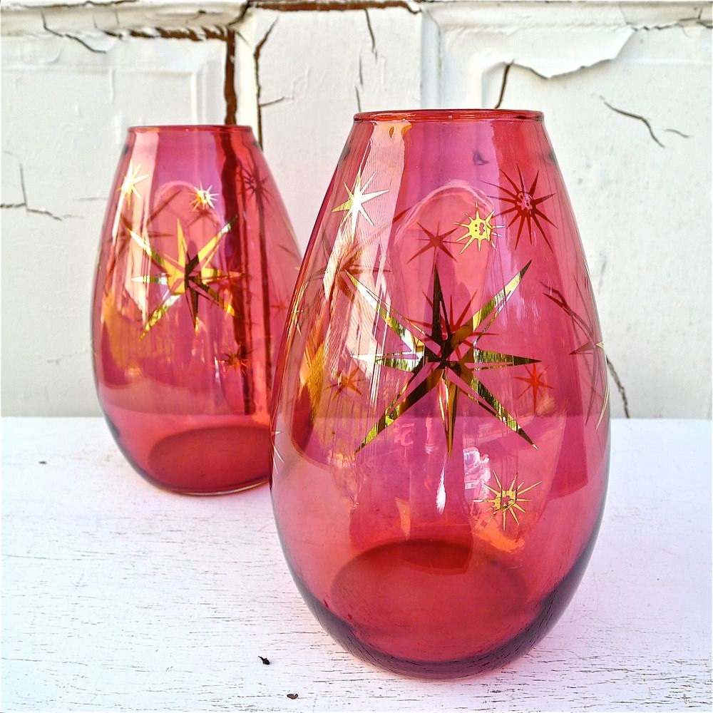 Vintage Atomic Rose Colored Glass Vases Pair by twolittleowls