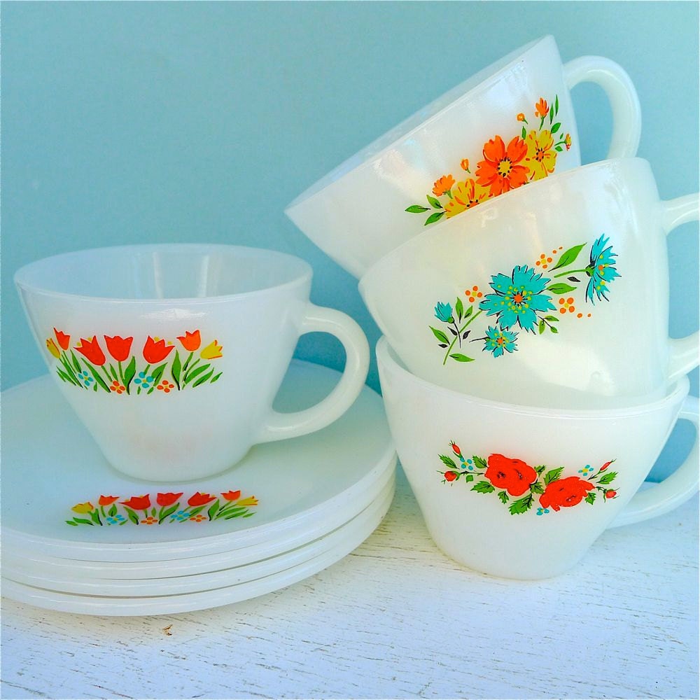 RESERVED FOR JADITESHELLS Vintage Fire King Floral Assorted Tea Cups and Saucers Set of 4