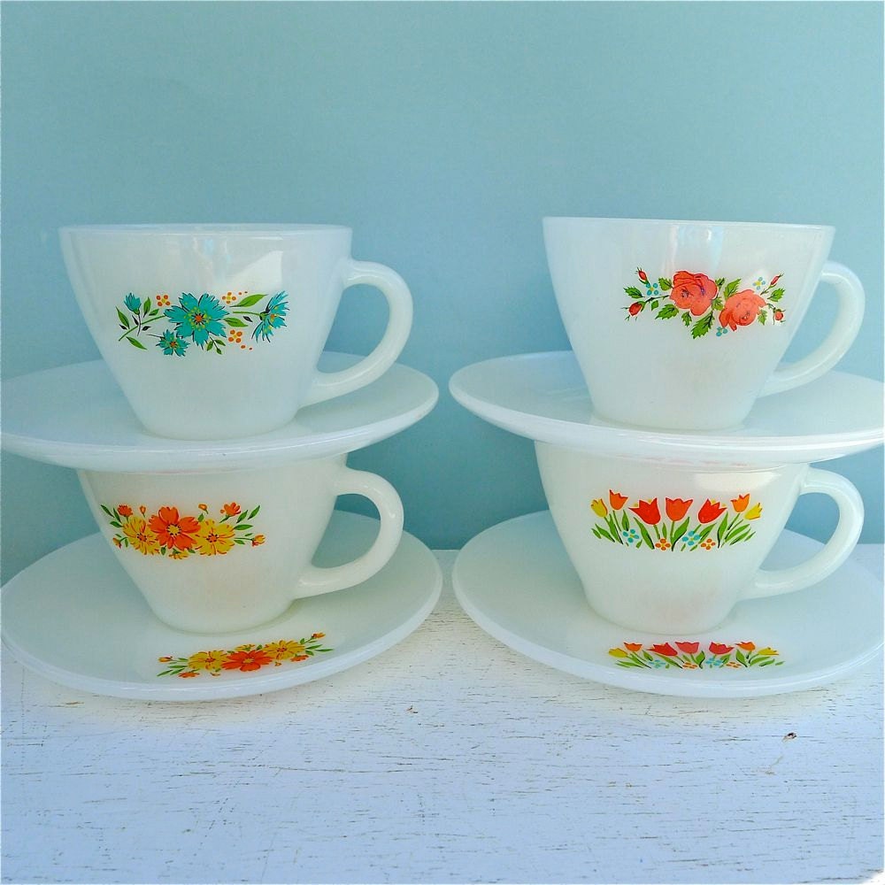 RESERVED FOR JADITESHELLS Vintage Fire King Floral Assorted Tea Cups and Saucers Set of 4