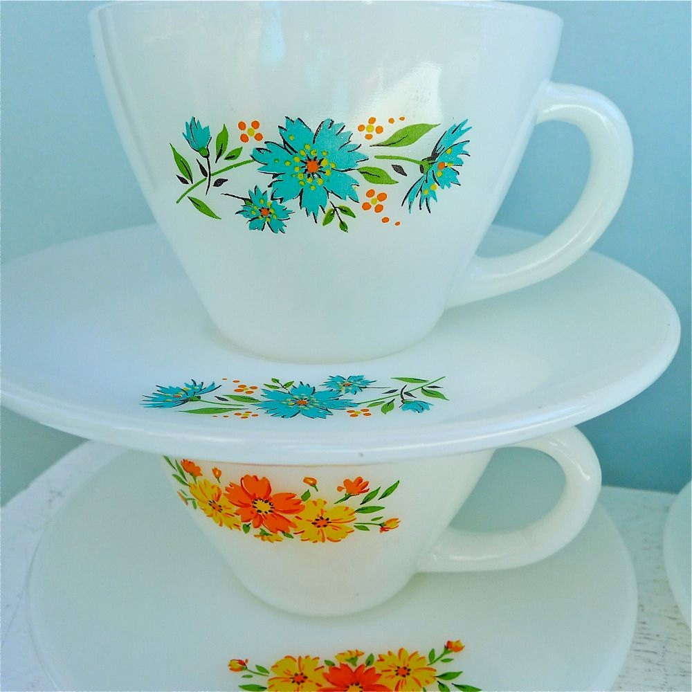RESERVED FOR JADITESHELLS Vintage Fire King Floral Assorted Tea Cups and Saucers Set of 4