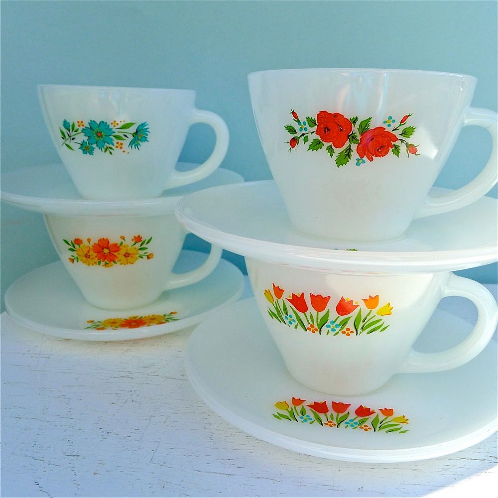 RESERVED FOR JADITESHELLS Vintage Fire King Floral Assorted Tea Cups and Saucers Set of 4