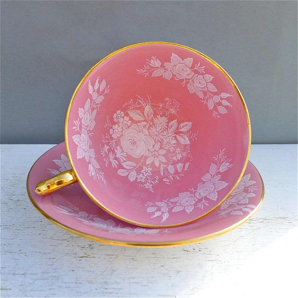 Vintage Aynsley Pink and White Floral Rose Tea Cup and Saucer