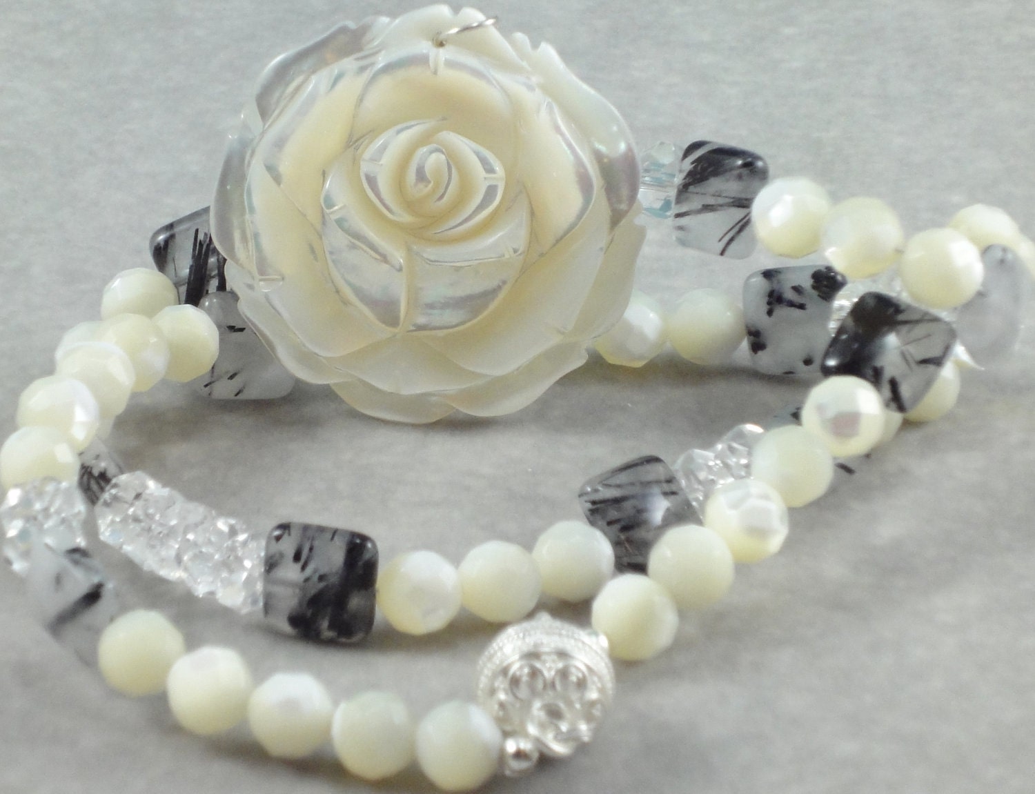 Mother of Pearl Rose Pendant, Tourmalinated Quartz Necklace, Statement Necklace, Black and White