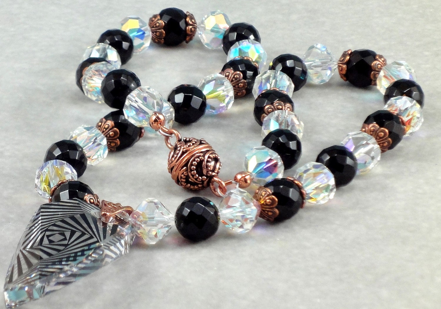 Black Onyx Gemstone and Swarovski Crystal Necklace, Zebra Pendant, Copper Accents, Designed by Val