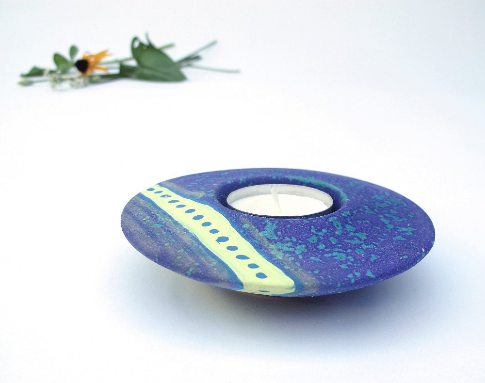 Blue Purple, UFO Votive Handmade Ceramic Tea Light Holder Ring Plate wedding favor Autumn Home Decor Wee Plate