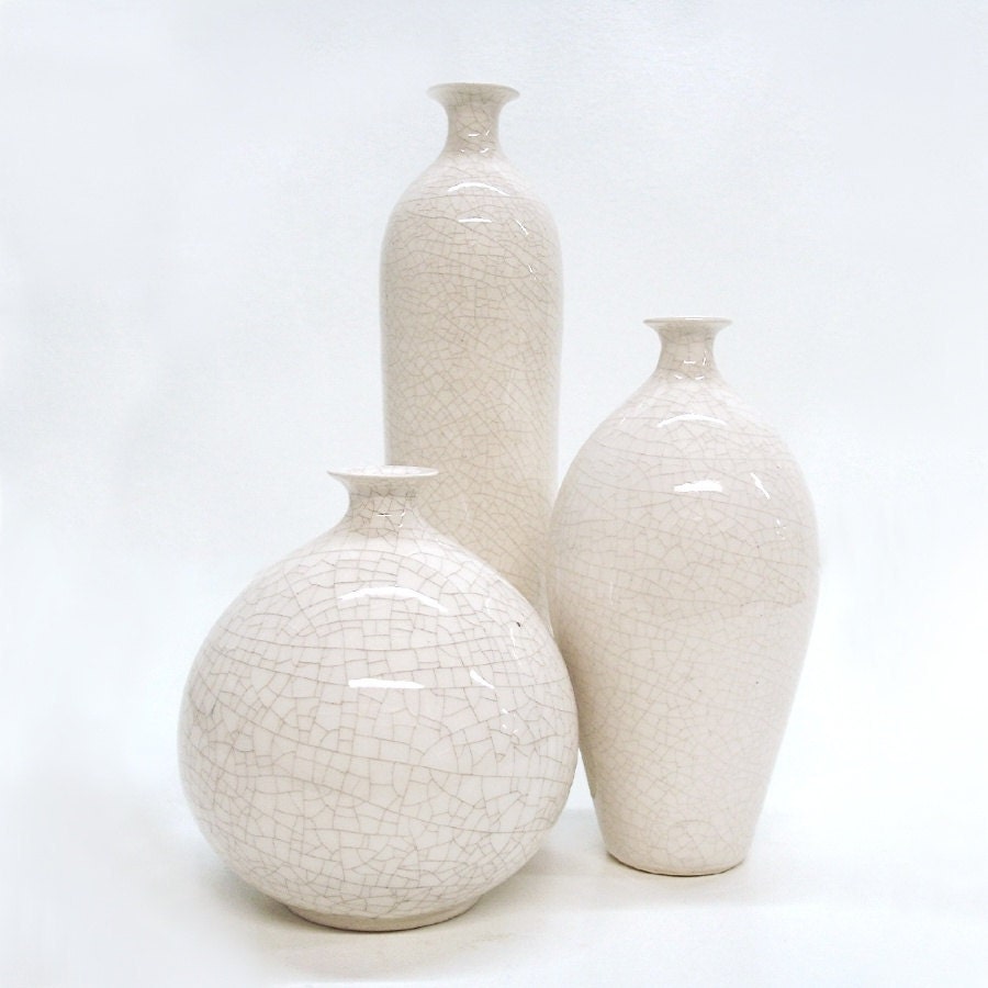 Set 3 Bottles Trio Ceramic White vases Handmade porcelain vase Home decor housewares Wedding gift,  modern, stoneware Minimalist - blueroompottery