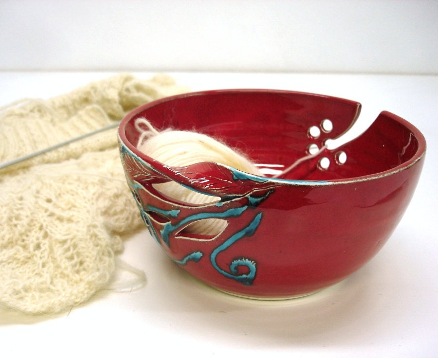 Red KNITTING Yarn Crochet Bowl Large Handmade Ceramic Pottery Twisted Leaf