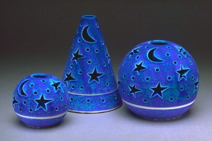 Ceramic Candle holder Spring Home Decor Purple Blue Stars & Moon Velvet Purple Handmade Pottery Candileria Romantic