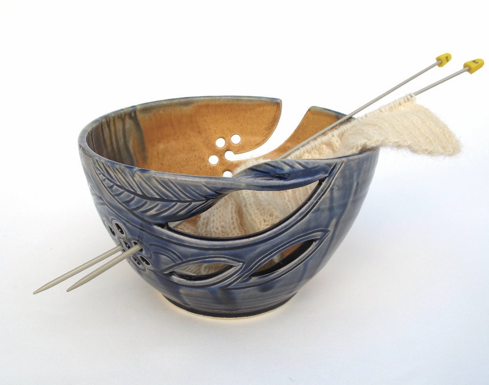 LARGE Handmade KNITTERS Pottery Yarn Knitting Bowl - Spring Creek - twisted leaves wedding stoneware gift