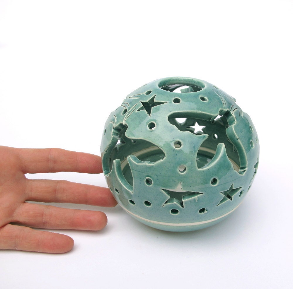 Mint Candle Holder Handmade Pottery Flying Bees Turquoise Candileria Aqua Green Art Spring Home Decor