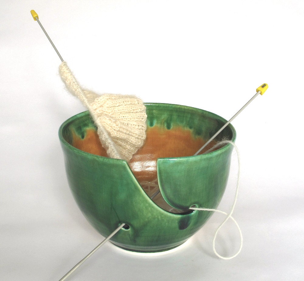With a twist of Lime Green Yarn Wool Organizer Yellow Green Highlights LARGE KNITTING Bowl pottery twisted leaves wedding gift